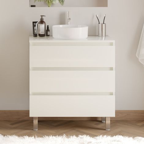 Meuble de salle de bain 80cm avec plateau et vasque à poser ronde - 3 tiroirs - sans miroir - blanc brillant - MAYOR