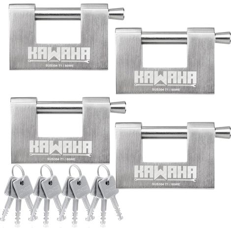 71/80-4PS Cadenas en forme de D en acier inoxydable avec clés en acier inoxydable pour porte de garage, conteneurs, abri de jardin, casier et entrepôt (8,9 cm, clés identiques – Lot de 4) (1/5)