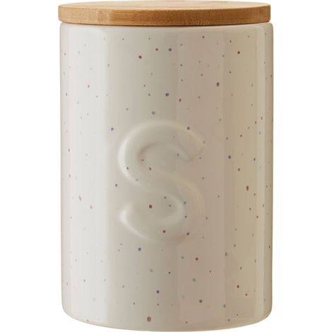Premier Housewares Cream Finish Sugar Canister Speckle Pattern Airtight Jar Round Wooden Lid Kitchen Storage Jars Canister For Sugar Coffee Tea 10 x 15 x 10 (1/5)