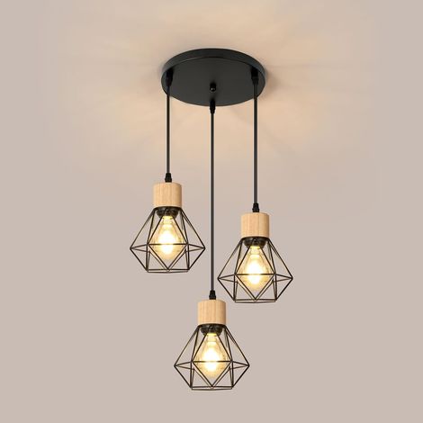 COMELY Sospensione cucina industriale lampadario nero en ferro di ferro con illuminazione a gabbia ombra Luce del soffitto E27 Regolabile in altezza diametro 16 cm 3 luci (lampadina non incluso) (1/5)