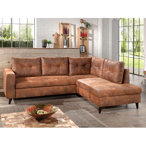 Bestmobilier – Canapé d'angle L 5 places convertible – Revêtement microfibre aspect vieilli – Coffre de rangement sous la méridienne – Style industriel vintage (1/8)