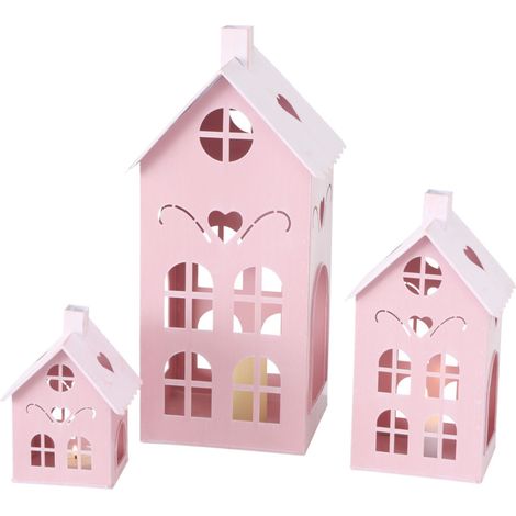 Laterne KUFSTEIN 3er Set 40 / 26 / 17 cm - rosa - Metall Windlicht in Haus Form
