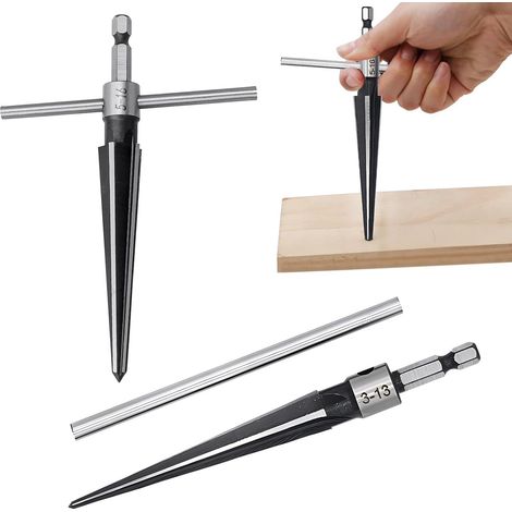 Set di 2 alesatori conici a T (3-13 mm e 5-16 mm) con utensile per smussatura a 6 scanalature per fori di perni di ponti in legno. (1/5)