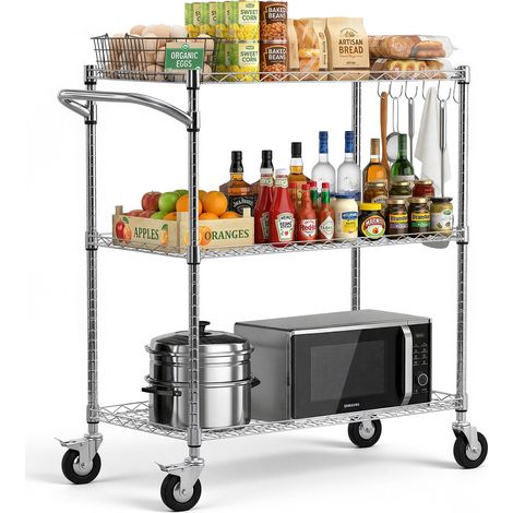 VEVOR Carrito de Cocina de 3 Niveles, Estante de Almacenaje de Alambre Ajustable, Carrito Auxiliar con Ruedas Giratorias y Asa, Carro de Servicio para Cocina, Garaje, Lavadero, 89 x 45,3 x 104 cm (1/5)