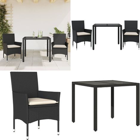 3-tlg. Garten-Essgruppe mit Kissen Schwarz Poly Rattan Glas - Gartentisch - Gartenmöbelset - Esstisch - Outdoor Möbel - Balkonmöbel - Home & Living (1/5)