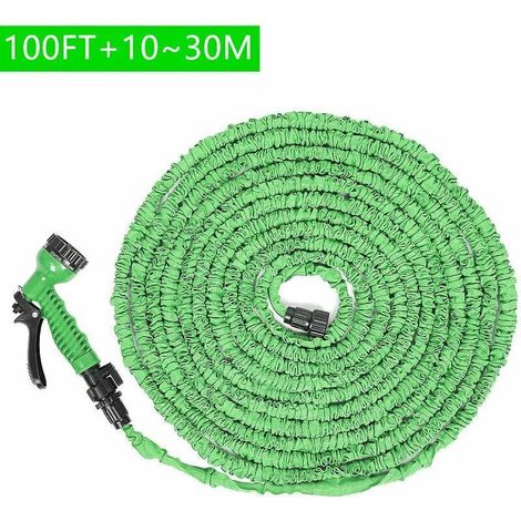 Tuyau d'arrosage, tuyau rétractable de 100 pieds + pistolet pulvérisateur à 7 fonctions - Tuyau extensible jusqu'à 3 fois sa longueur - Couleur verte.