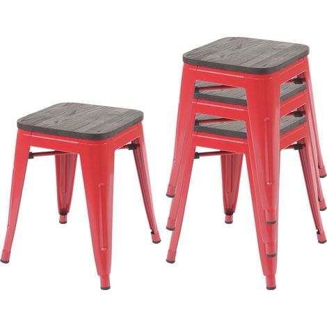Set 4x sgabelli poggiapiedi bistrot design industriale HHG-771 legno metallo verniciato rosso