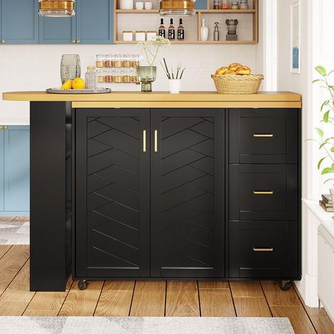 Chariot de bar extensible avec 2 portes et 3 tiroirs, roulant, comptoir extérieur en bois, noir (1/5)