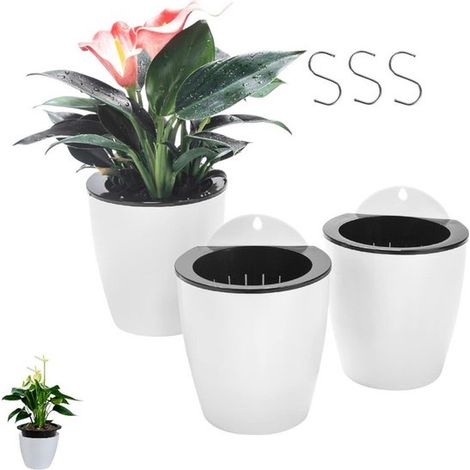 Lot de 3 pots de fleurs muraux en plastique à arrosage automatique, noir et blanc, avec crochet en S. Pot de fleurs à arrosage automatique, panier mural, contenant suspendu en plastique pour jardin ve (1/5)