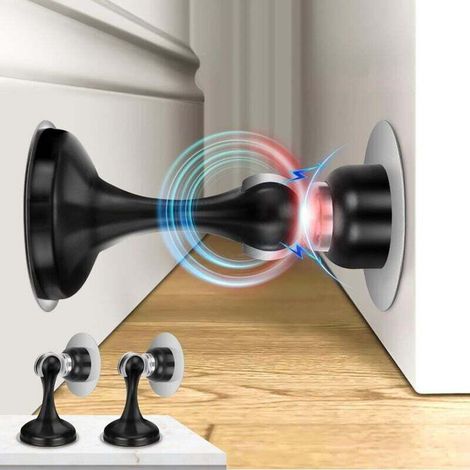 Topes magnéticos para puertas (juego de 4), topes de acero inoxidable para montaje en pared y suelo, mantienen la puerta abierta, tope de puerta sin taladrar con tira adhesiva, color negro.