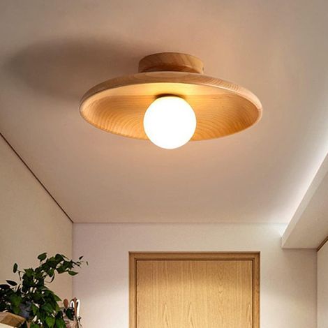 Shallow Bowl Shaped Ceiling Lamp Minimalist Wooden Semi Flush Mount Light use G9 Bulb Ceiling Light for Corridor Hallway, Wood Color(NO LIGHT SOURCE)