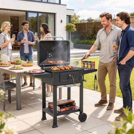Barbecue charbon bois chariot grill jardin couvercle XXL bac charbon évents réglables 112cm, noir