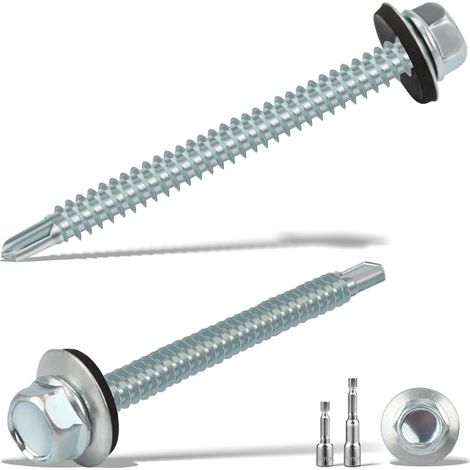 Lot de 100 vis auto-foreuses de 4,8 x 55 mm pour toiture en métal avec rondelles en caoutchouc, vis autotaraudeuses à tête hexagonale et 2 vis à six pans creux M8, fixations de toit ondulées en (1/5)