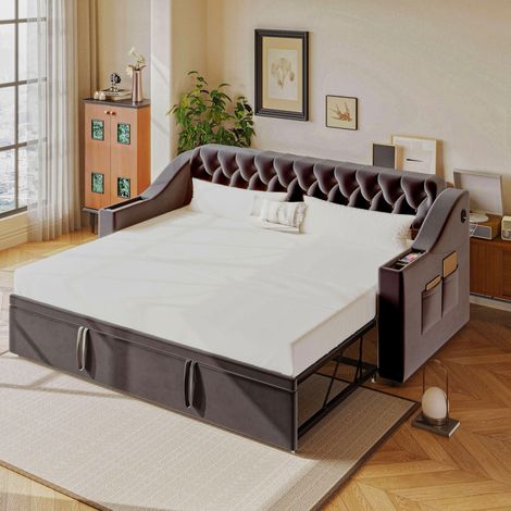 Sofá cama tapizado de terciopelo gris 90x190/180x190 cm con somier de láminas, USB y almacenaje integrado (1/5)