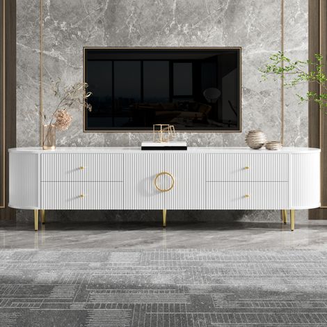 Meuble TV bas en MDF 180 cm blanc à vagues 3D, tiroirs, portes et pieds en fer (1/5)