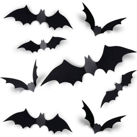 Lot de 12 Chauve-souris, autocollants PVC, 4 tailles, décoration murale Halloween, intérieur extérieur (1/4)
