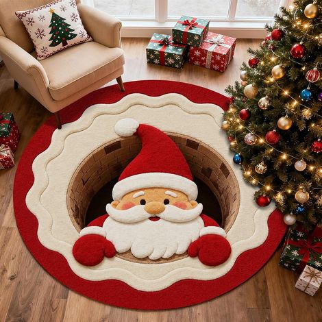 Tapis Rond de Noël Ø 60 cm, Père Noël dans la Neige, Effet 3D Trompe-l’Œil, Tapis Décoratif pour Entrée, Salon et Chambre (1/5)