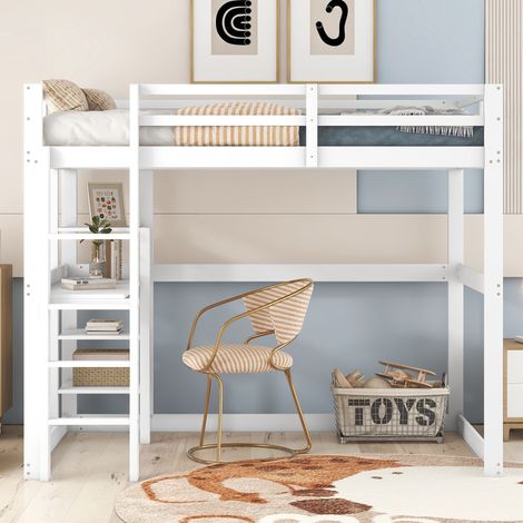 Letto a soppalco in pino stile semplice 140x200 cm con scrivania e 4 vani portaoggetti, bianco anticato (1/5)
