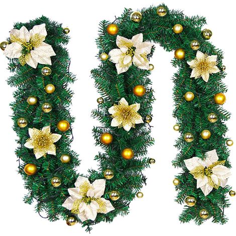 2,7 m lange künstliche Weihnachtsgirlande mit Kugeln und Blumen, ideal zum Dekorieren von Haus, Treppe, Kamin, Veranda oder Haustür. Goldfarben. (1/2)