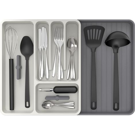 Range Couverts pour Tiroir, Range-Couvert Extensible, Blanc et Gris (1/5)