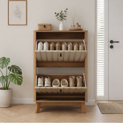 Mueble zapatero 60 cm con puertas dobles, almacenamiento modular, diseño madera roble, MDF y tablero de partículas (1/5)