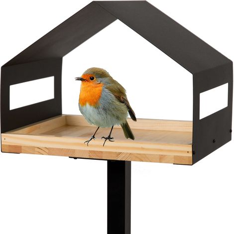 WONDERMAKE® Design Vogelhaus mit Ständer aus Metall und Holz wetterfest, modernes Vogelfutterhaus groß Metalldach stehend, Vogelhäuschen Futterhaus für Vögel zum Stellen XL (1/5)