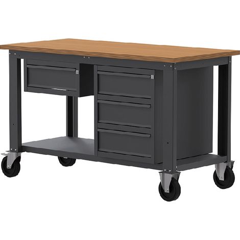 Banco lavoro con ruote SOGI X3N106LR- 1.5 m - piano in legno - 1 + 3 cassetti - grigio antracite (1/4)