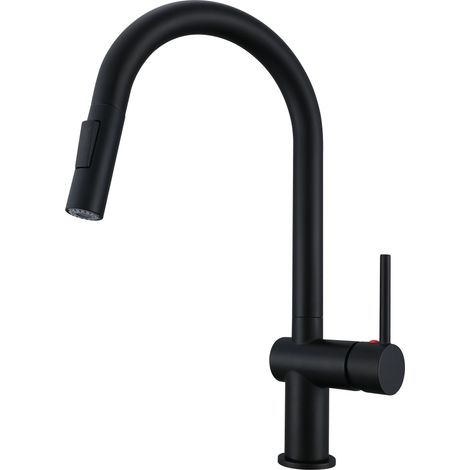 AICA Hochbogen Küchenhahn Ausziehbarer Brause Messingkern 2 Strahlarten Mischbatterie Wasserhahn Küche Schwarz Matt (1/5)