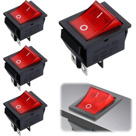 Lot de 4 interrupteurs à bascule 230 V - Voyant de contrôle - Interrupteur à bascule - 230 V - Avec interrupteur d'alimentation - Rouge poli - 230 V (1/5)