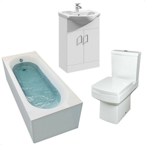 Bathroom Suite 1700mm Straight Bath Close Coupled Toilet Basin Sink Vanity Unit (1/5)