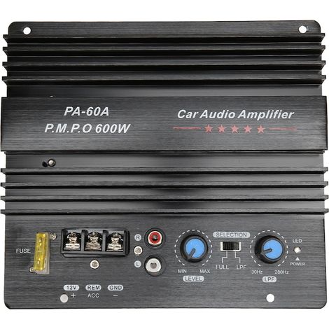 Amplificateur audio voiture 600 W, boîtier aluminium noir, dimensions 15,5 x 17 cm, ampli pour autoradio et son (1/5)