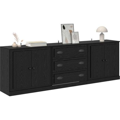 Buffet de Salle à Manger 3 Portes en Bois d'Ingénierie, Meuble Rangement Noir Chêne 210x35.5x67.5 cm (1/5)
