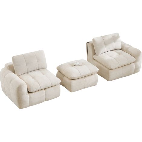 Modulares Sofa 2-Sitzer aus Chenille, Breite Sitzfläche und Weiche Rückenlehne, mit Hocker, Beige (1/5)