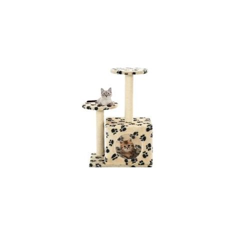 Arbre à chat avec poteaux à griffer en sisal, 60 cm de long, beige, à motif d'empreintes de pattes.