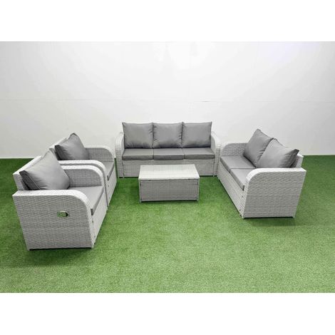 Fimous PE Rattan Garden Furniture Set Adjustable Chair Sofa Double Love Seat 2 Seater Sofa Lounge Set Oblong Coffee Table Light Grey (1/4)