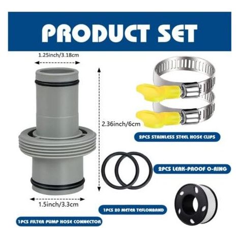 Raccord Tuyau Piscine 38mm à 33mm Adaptateur Piscine, Accessoire avec Colliers et Anneaux en Acier Inoxydable, Ruban d'Étanchéité (1/5)