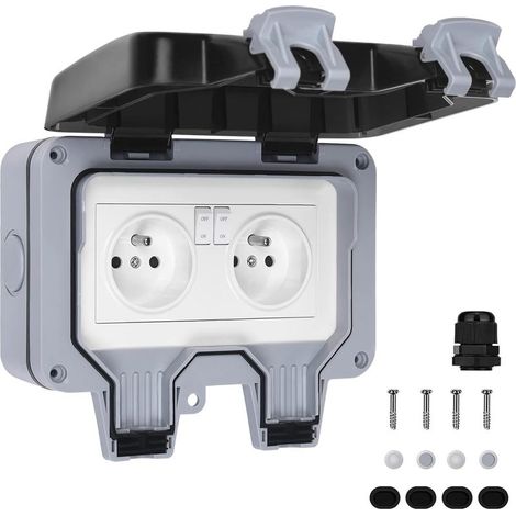 Prise extérieure étanche monobloc IP66 étanche extérieure (prise double avec interrupteur gris) (1/5)