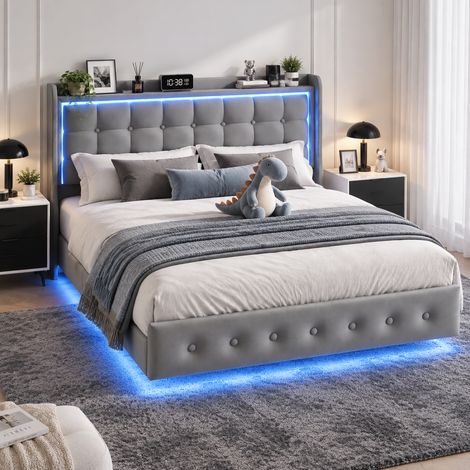 Lit 140x200 avec Sommier, Lit Flottant avec LED et Ports USB, Tête de Lit Capitonnée en Velours Gris, Cadre de Lit Adulte Moderne, sans Matelas