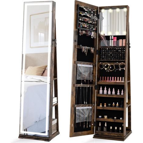 GOPLUS Armoire à Bijoux avec Miroir Pleine Longueur LED, Miroir Intérieur Éclairé 3 Couleurs, Étagères Arrière, Organisateur de Bijoux Pivotant Autoportant pour Femmes Filles (Marron rustique)