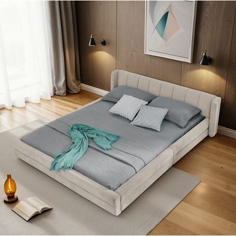 Letto imbottito in tessuto chenille beige 140x200 cm con testiera ergonomica (1/5)