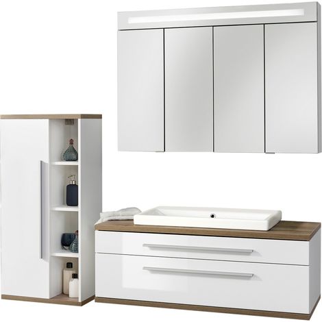 Fackelmann STANFORD Badmöbel Set 4-teilig, 110 cm breit, Weiß,Keramik+Spiegelschrank+Midischrank"-"90340145 (1/2)
