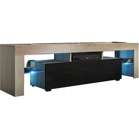 Dusine – Meuble TV en chêne mat 160 cm – Porte noire laquée avec système push – Éclairage LED bleu intégré – Design moderne et épuré (1/3)