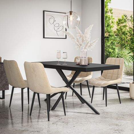 Donni Dining Table And Chairs - Black Table Top w Black Legs + Nova Velvet Dining Chair Set Of 6 (Beige) (1/5)