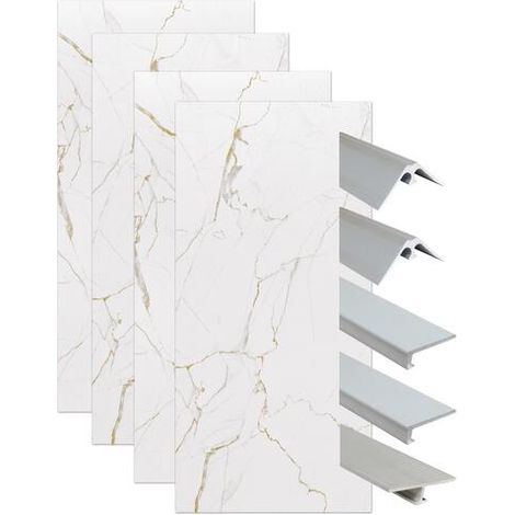 ONDEE ZEN - Pack montage 4 panneaux muraux en niche - marbre blanc 200 cm - profilés chromés