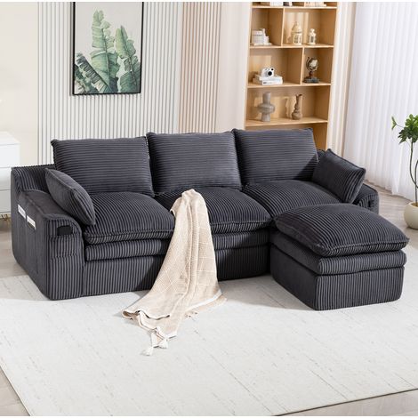 Canapé 3 plazas modular de pana gris oscuro con reposapiés 263x167x85 cm (1/5)