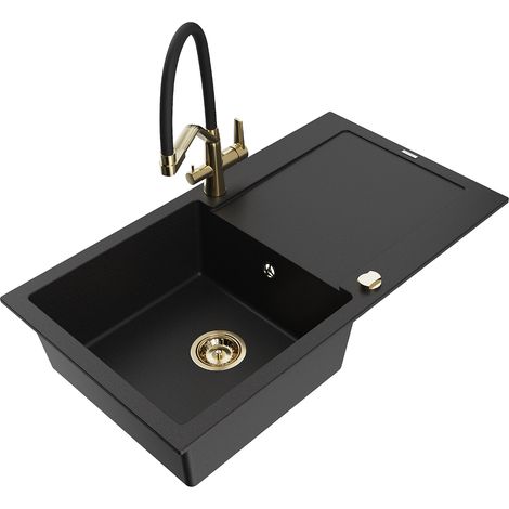 Mexen Leo lavello da cucina in granito a 1 vasca con scolapiatti e miscelatore Duo, nero - 6501-77-671701-57-G (1/5)