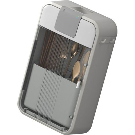 Cage à couverts murale en bois avec séchage UV, support multifonctionnel en bois avec système d'évacuation et de nettoyage facile, séchoir à air chaud, boîte de rangement pour couverts de cuisine, gri (1/5)