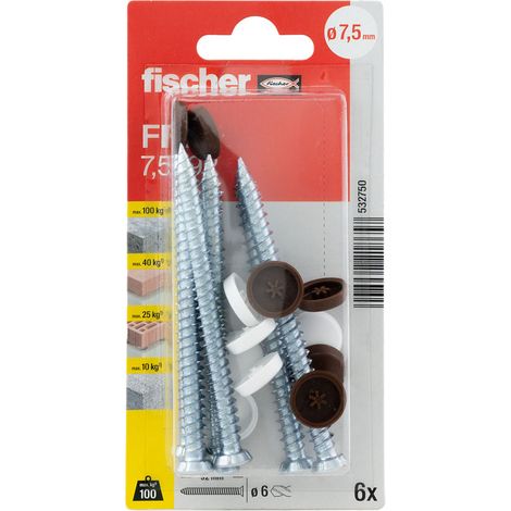 Blister de 6 vis pour menuiseries FFS 7,5 x 92 mm + capuchons blanc et brun foncé - Fischer (1/5)