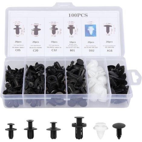 100Pcs Rivet Clips Plastique Voiture- Clips d'Aile en Plastique Universels - Clips Voiture Attaches de Pare Chocs Clips à Rivets Kit de Remplacement Vis d'Expansion avec Étui de Rangement (1/4)