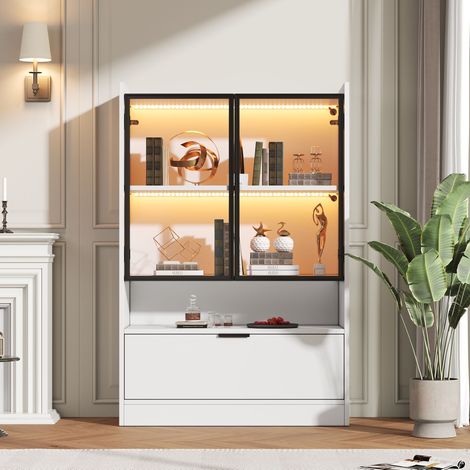 Vetrina da soggiorno con illuminazione LED, H 120 x L 80 x P 35 cm, credenza alta moderna e mobile contenitore in legno e vetro temperato, Bianco (1/5)